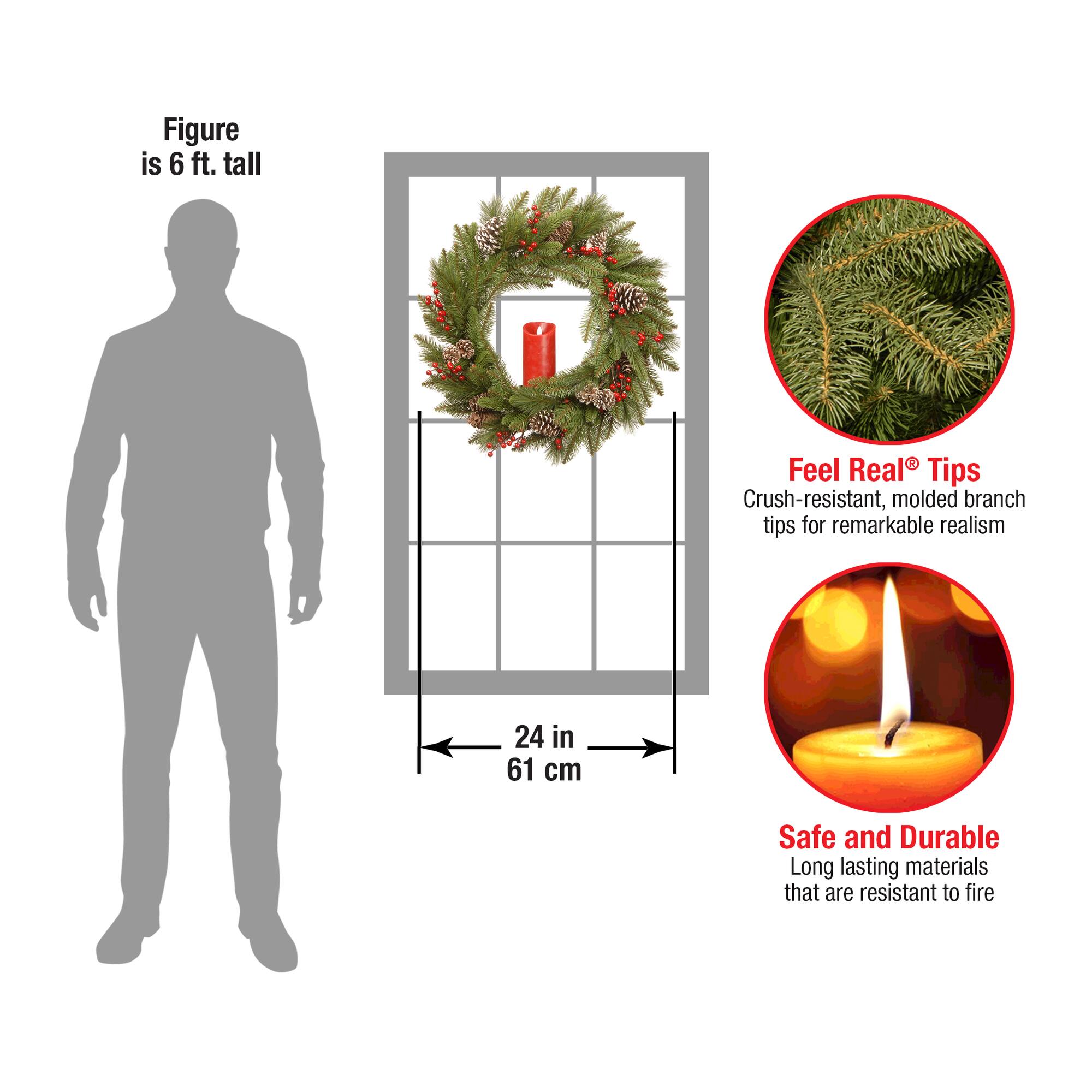 24" Feel Real® Bristle Berry Wreath with Red Electronic Candle, Red Berries & Cones